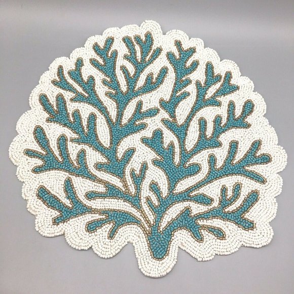 x2 Coastal Collection Beaded Ocean Blue Coral Reef Placemat Set Beach Decor 15" - Picture 1 of 6